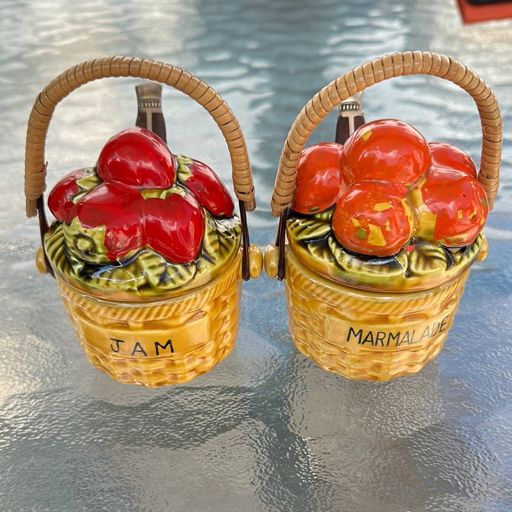 Colorful Vintage Japanese hand painted Ceramic Jam and Marmalade Jars.